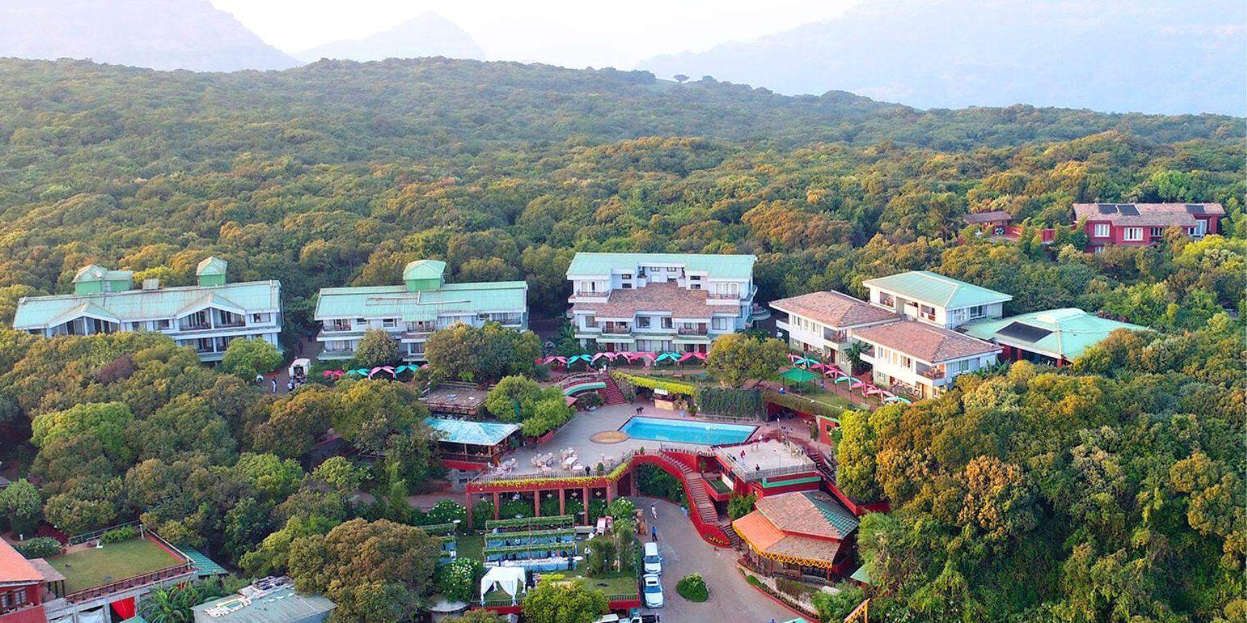 Scenic view of the valley and lush greenery around Ramsukh Resort in Mahabaleshwar.